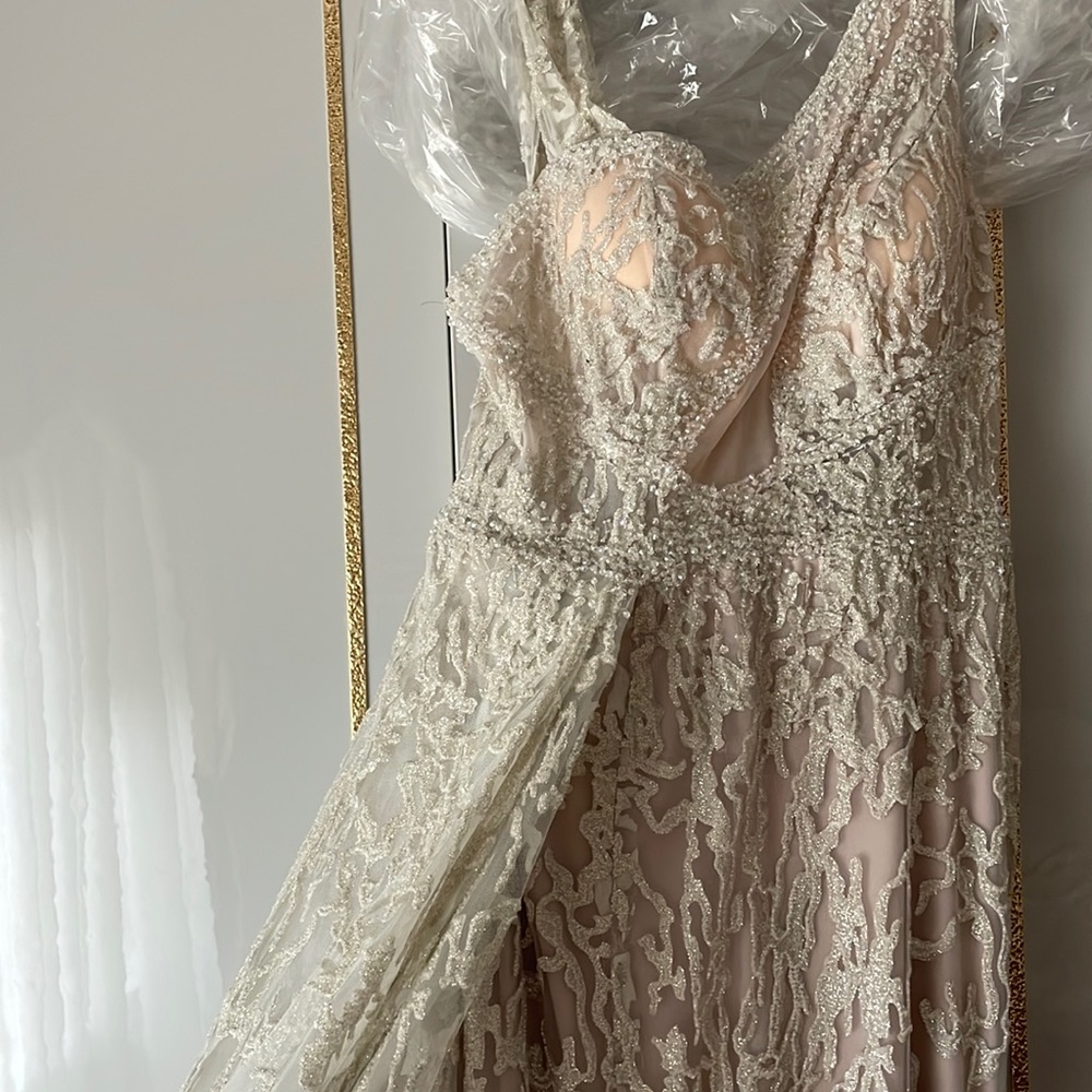 one shoulder one of a kind custom gown with train. Totally New.